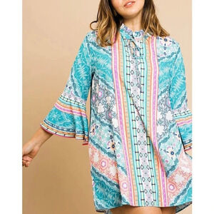 UMGEE Women's Bermuda Blue Mix Floral Collar Tie Dress Size Small